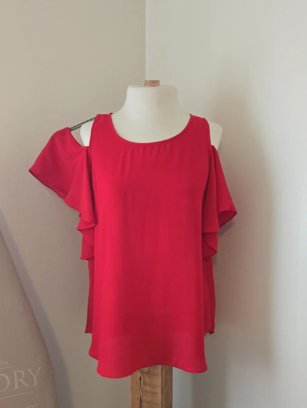 Women's Red Cold-Shoulder Ruffle Blouse - Picture 2 of 10